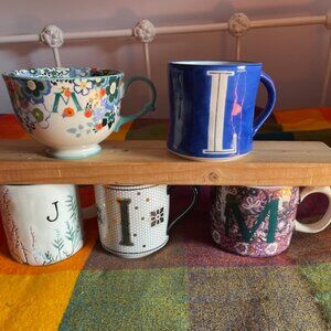 A group of Five (5)) Lettered Anthropologie Mugs, Letter I, J, L, M & M.